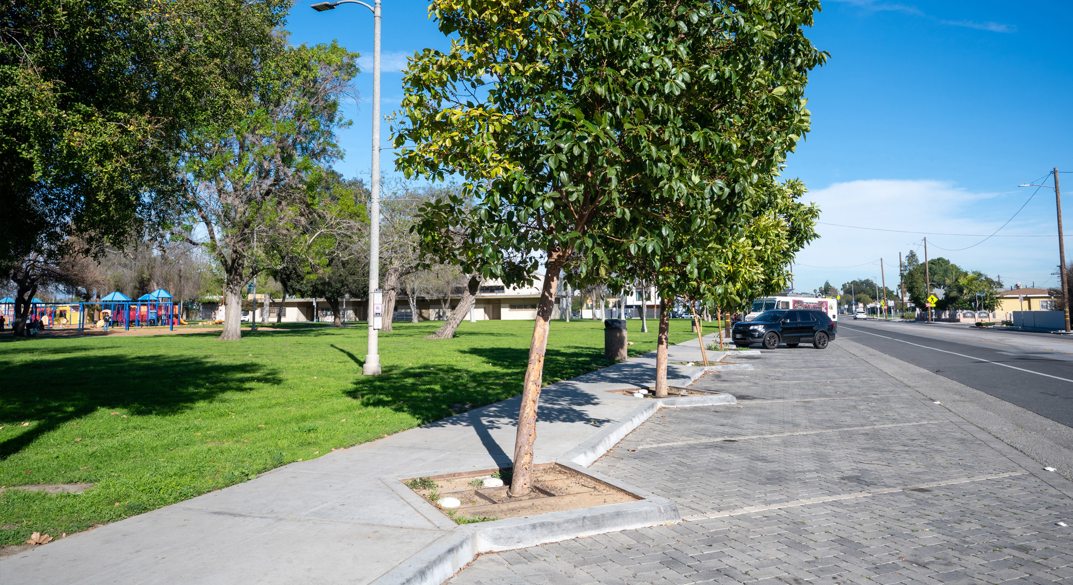 Permeable pavers and new tree plantings along the 103rd Street Green Improvement Project, one of the region's Multi-benefit water projects designed to manage stormwater and beautify the neighborhood.