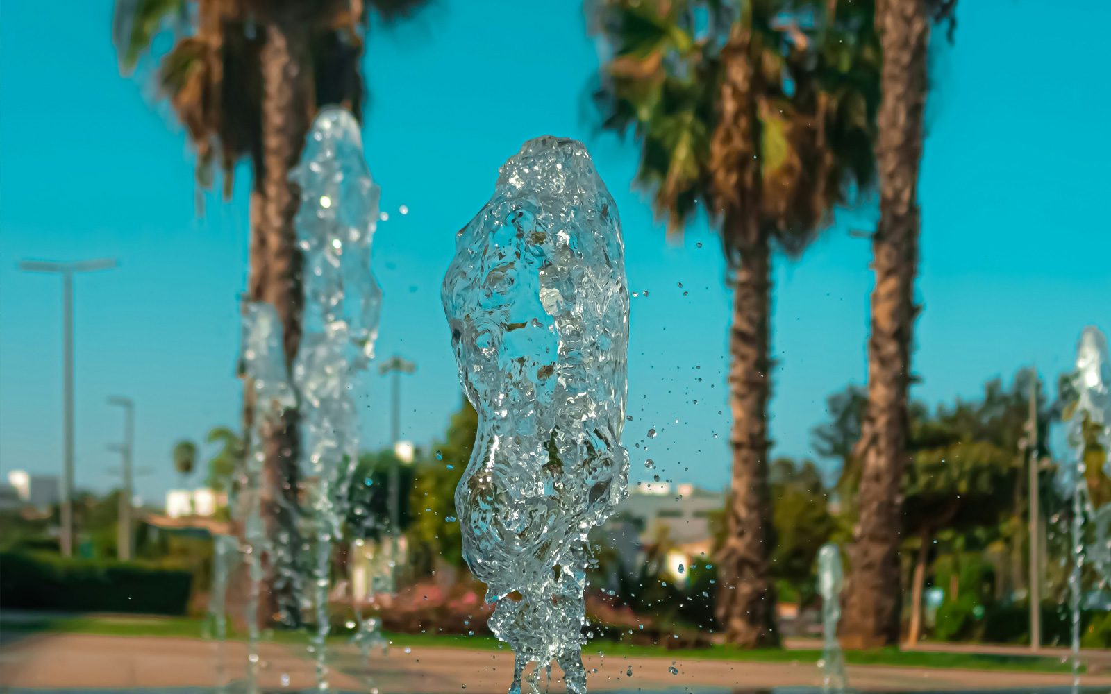 Close-up of water spraying from a modern fountain with palm trees and a clear blue sky in the background.
