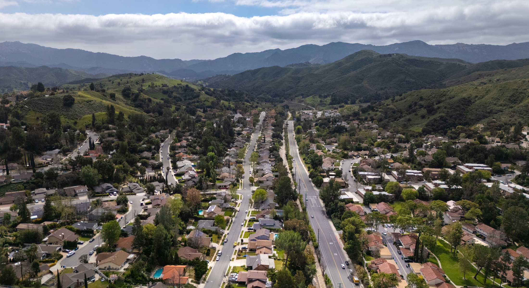 A scenic landscape view of the Liberty Canyon Road Green Improvement project, one of the region's Multi-benefit water projects featuring native plants and sustainable infrastructure to manage stormwater.