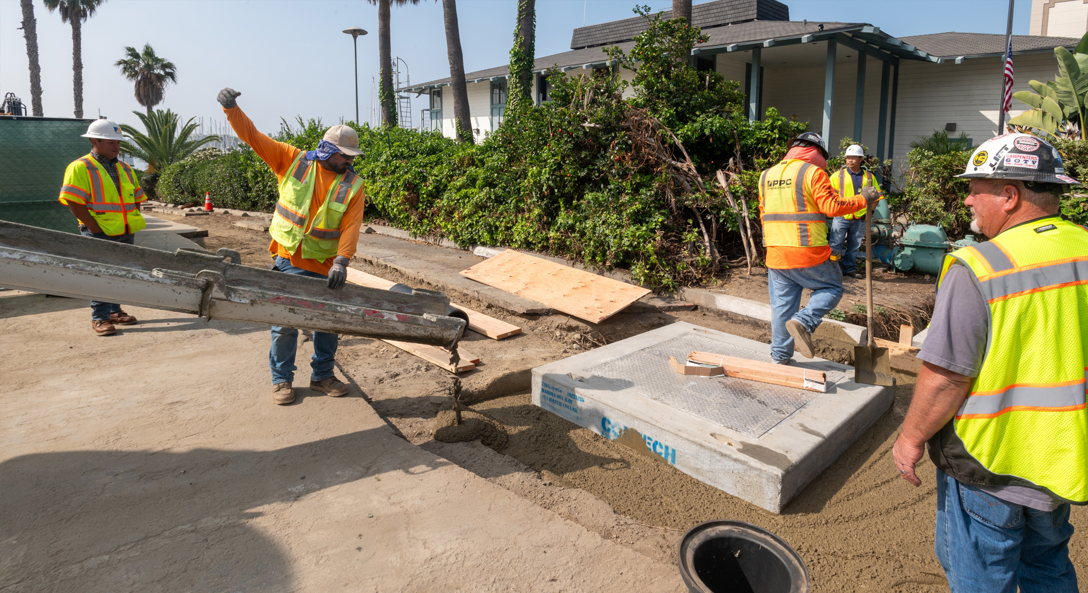 A construction crew installing a subsurface filtration system for the Marina del Rey Back Basins project, one of the region's Multi-benefit water projects designed to improve coastal water quality.
