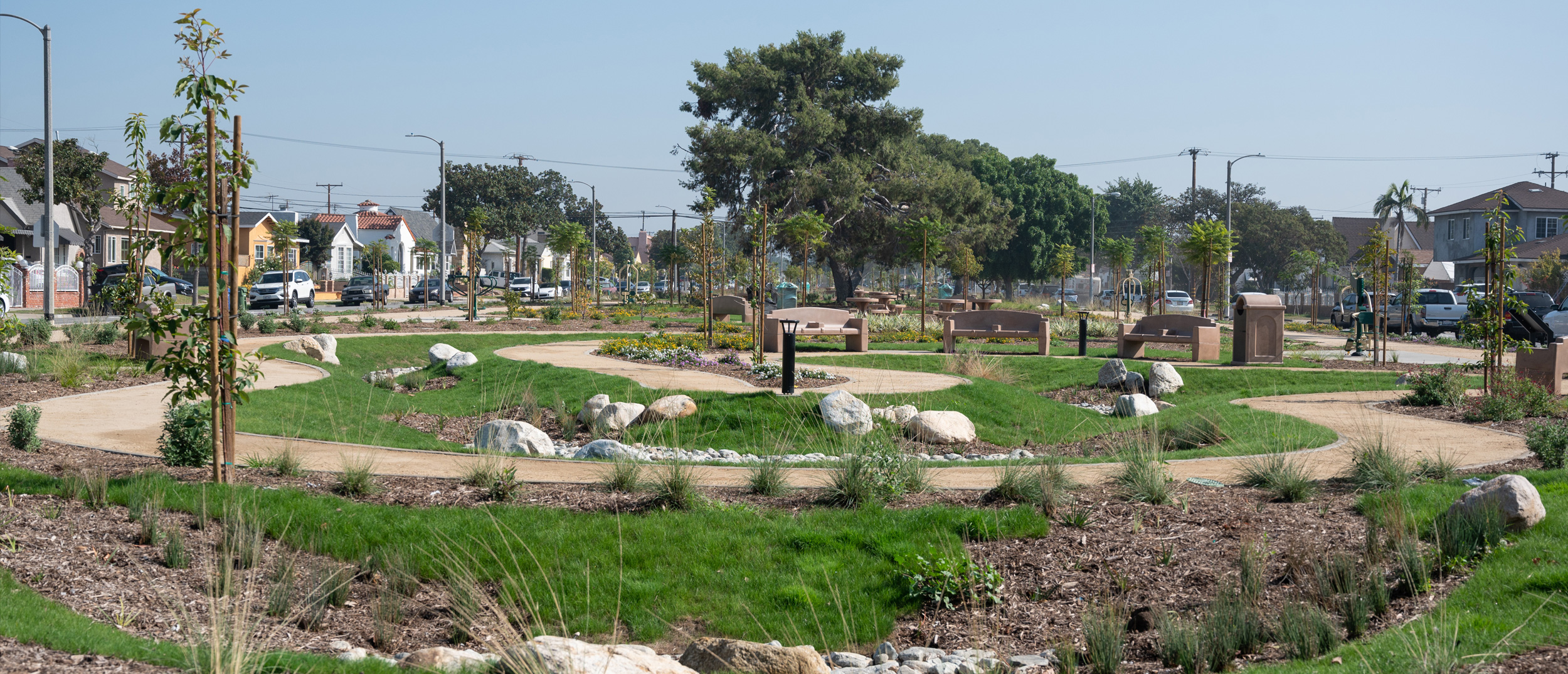 An aerial perspective of the East Los Angeles Sustainable Medians, highlighting how Multi-benefit water projects transform urban roadsides into functional green spaces for stormwater infiltration.