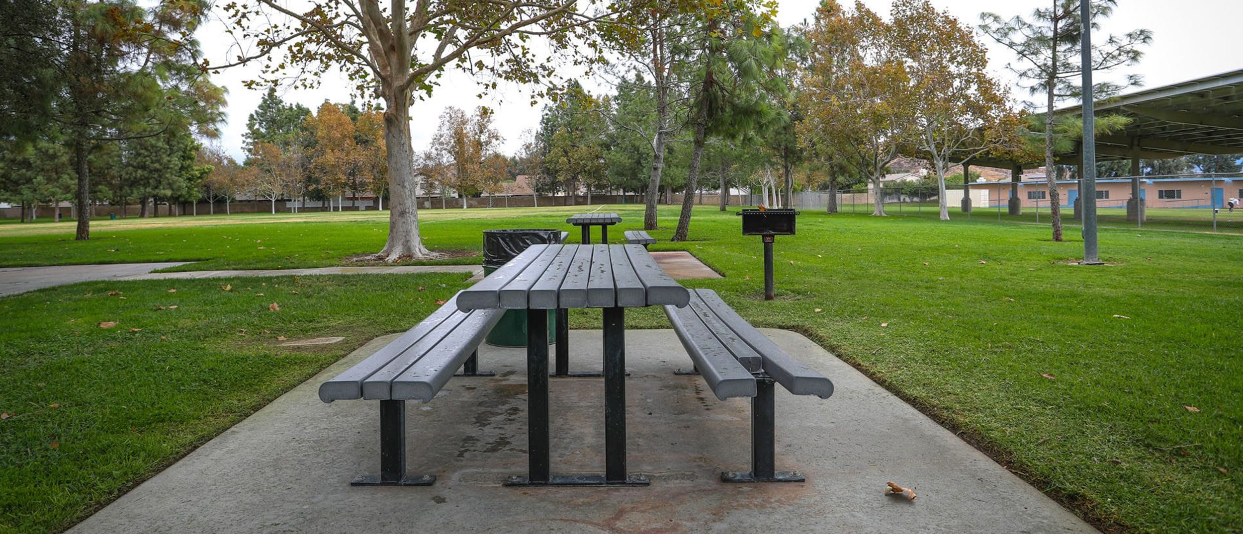 A view of the picnic tables and open green space at Hasley Canyon Park, a site for Multi-benefit water projects that integrate community recreation with essential stormwater infrastructure.