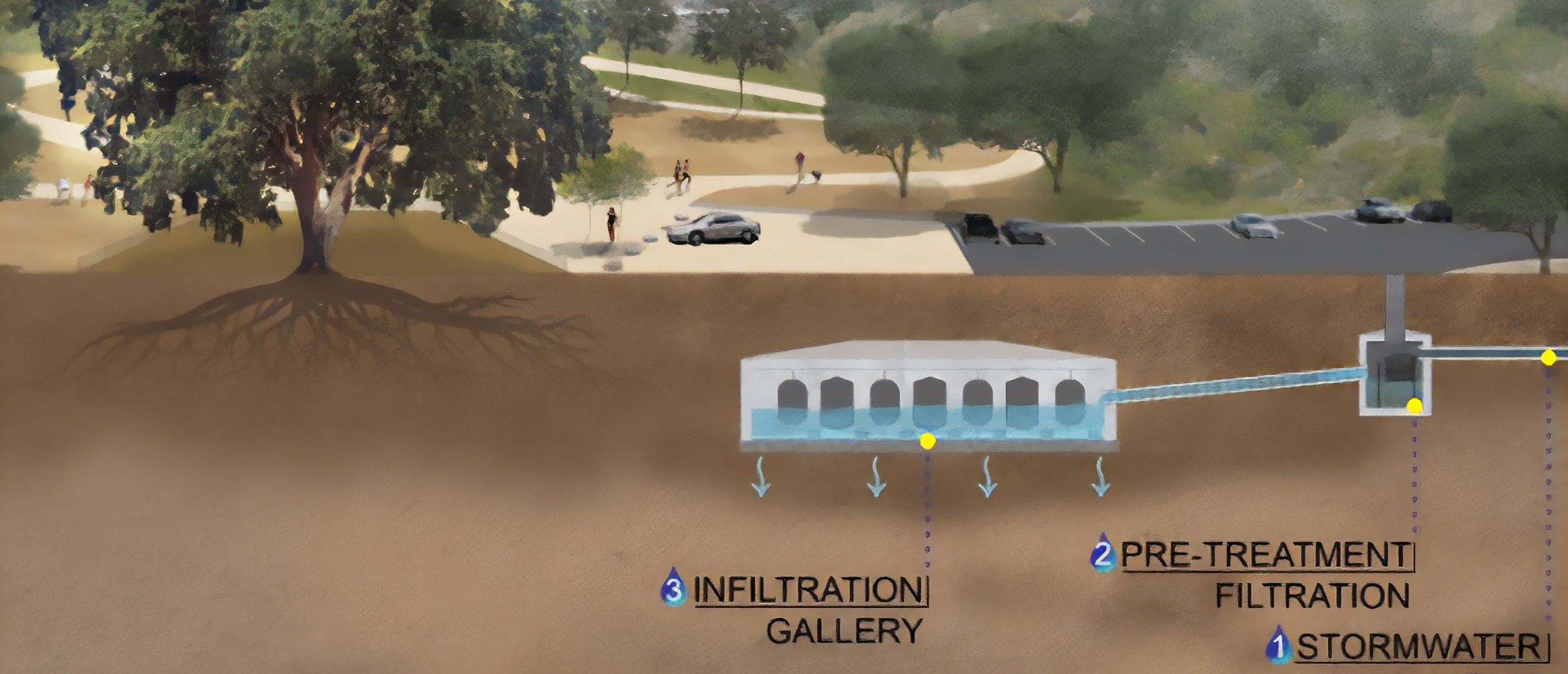A technical cross-section diagram showing the Pico Canyon Park project, one of the region's Multi-benefit water projects illustrating how stormwater is captured and filtered through an underground infiltration gallery.