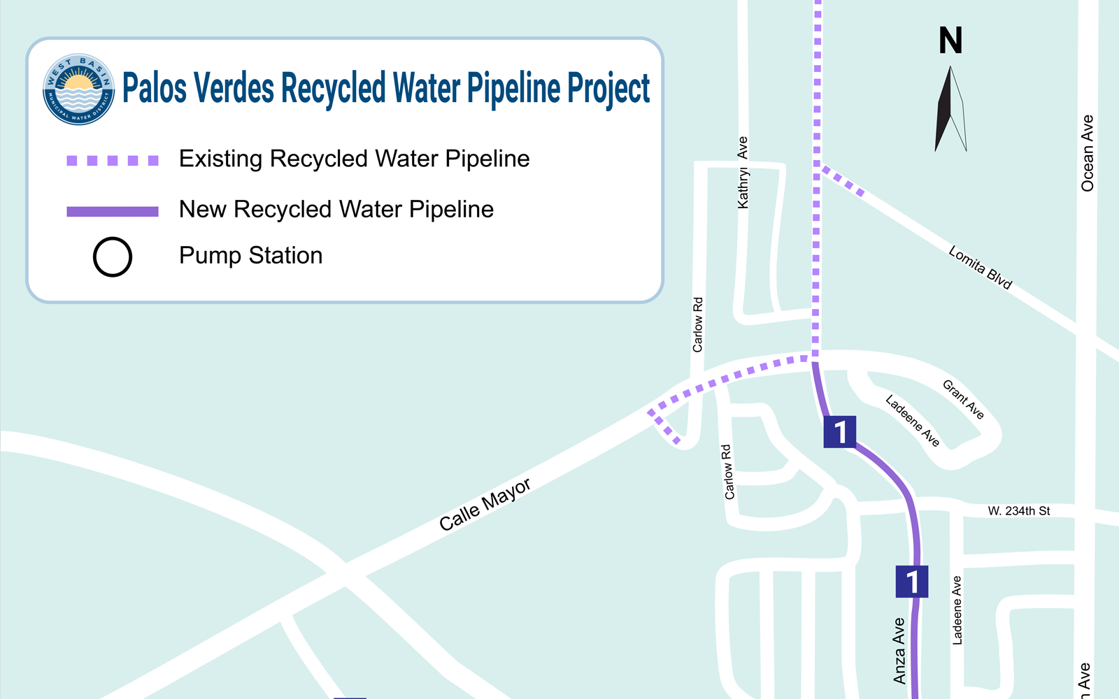 A technical map illustrating the Palos Verdes Recycled Water Pipeline Project, a key component of the region's Sustainable water infrastructure, showing existing and new pipeline routes.