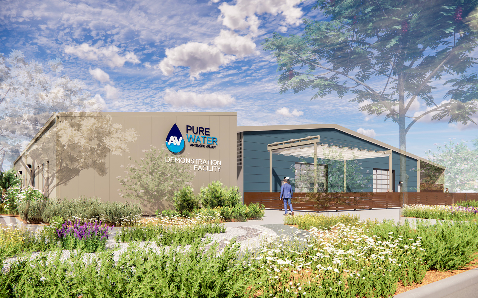 A wide view of the Pure Water Antelope Valley (AV) demonstration facility, showcasing Sustainable water infrastructure designed for advanced purification and drought resilience.