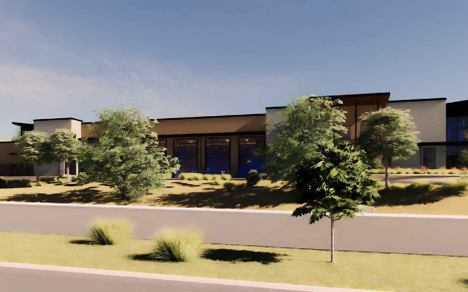 A wide exterior view of the modern Pure Water Las Virgenes-Triunfo facility, a standout project in the region's Sustainable water infrastructure, featuring contemporary architecture and drought-tolerant landscaping.