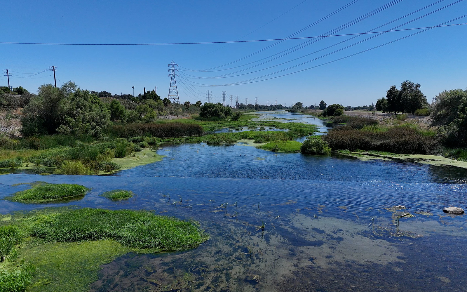 A panoramic view of the San Gabriel Spreading Grounds with water-filled basins, green vegetation, and power lines under a clear blue sky