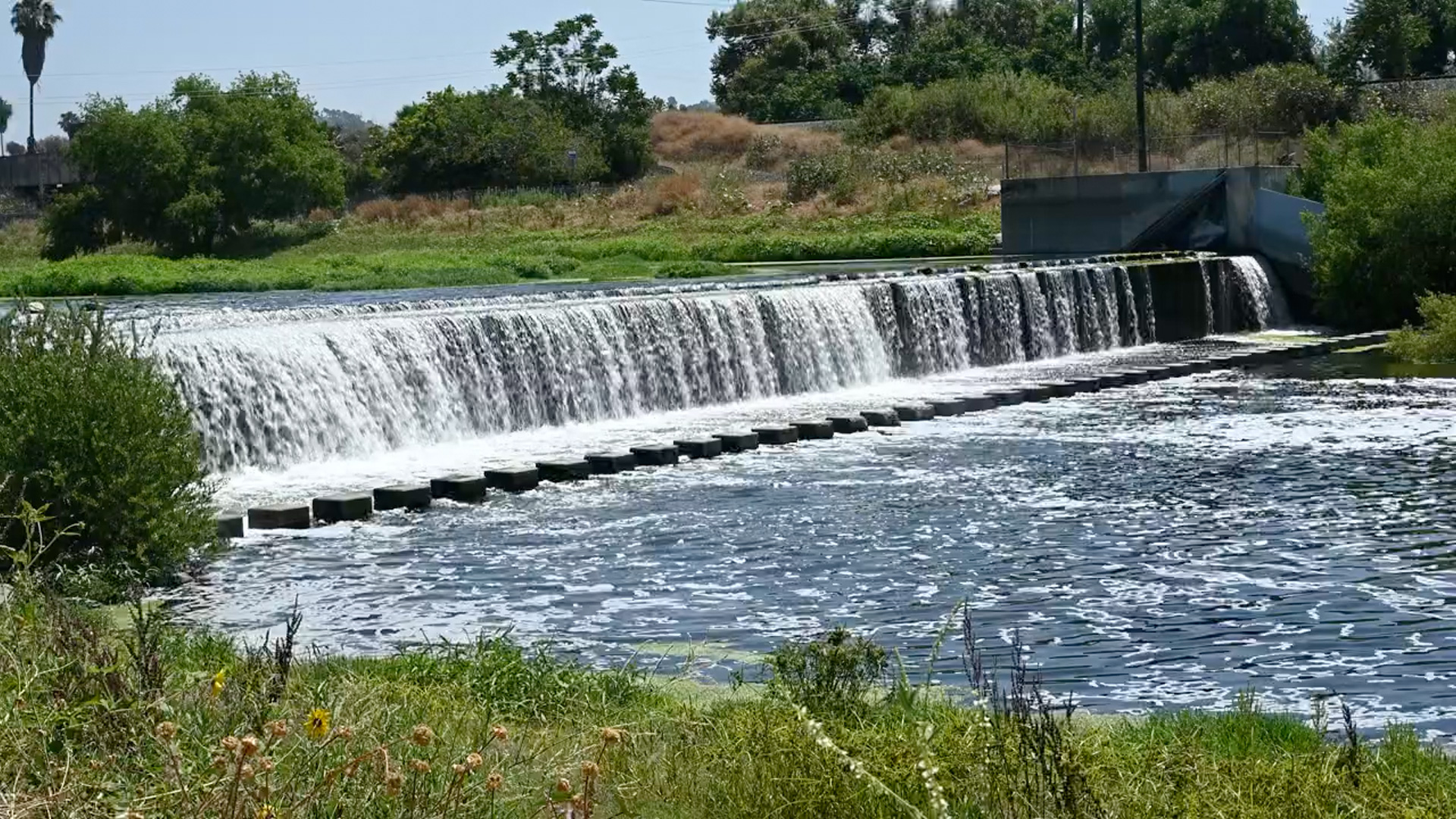 A wide view of a concrete diversion structure and stepped spillway where water cascades into a naturalized riverbed as part of LA Water Projects, surrounded by lush green trees.