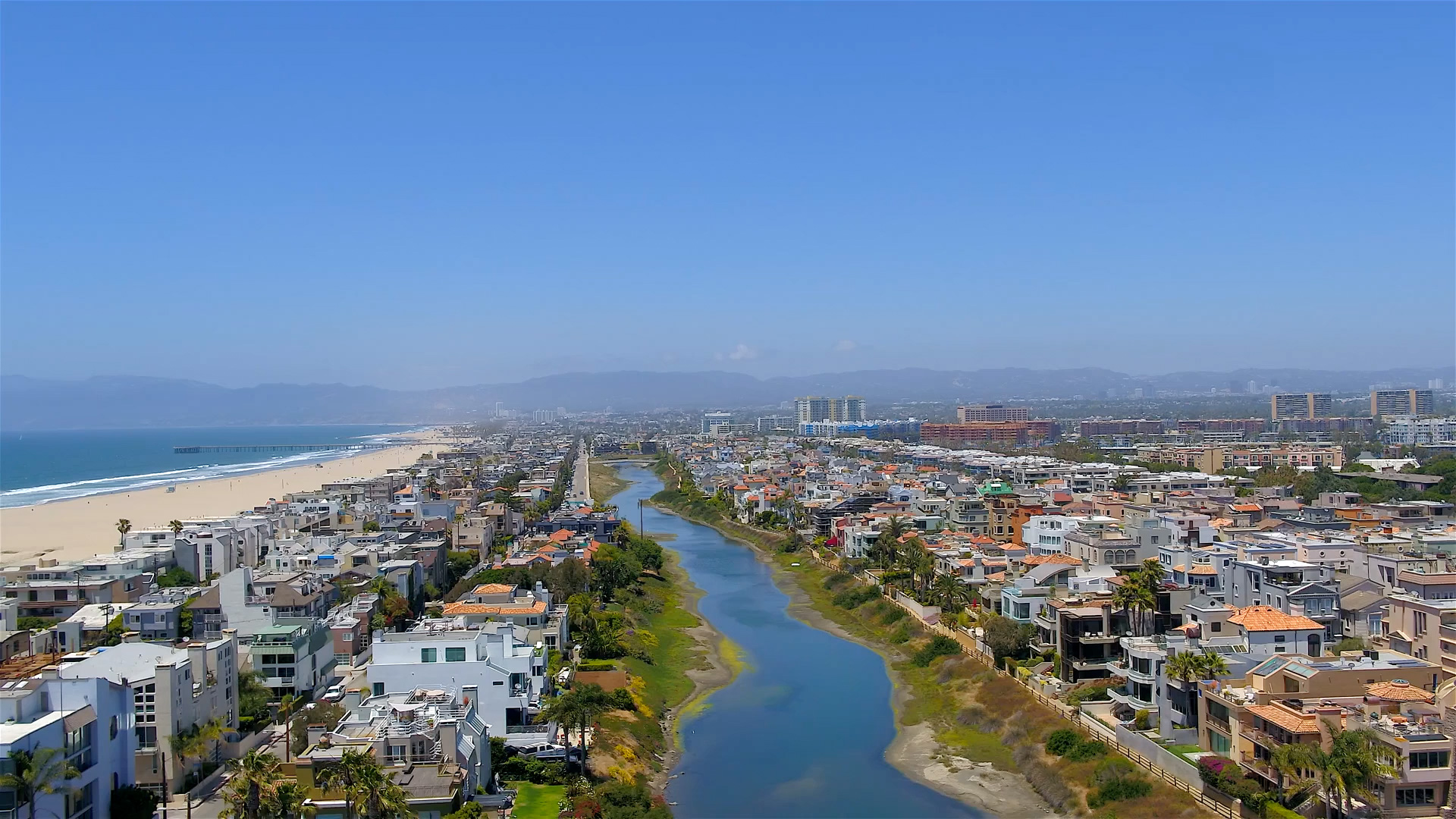 Aerial view of a coastal waterway and residential neighborhood in Los Angeles