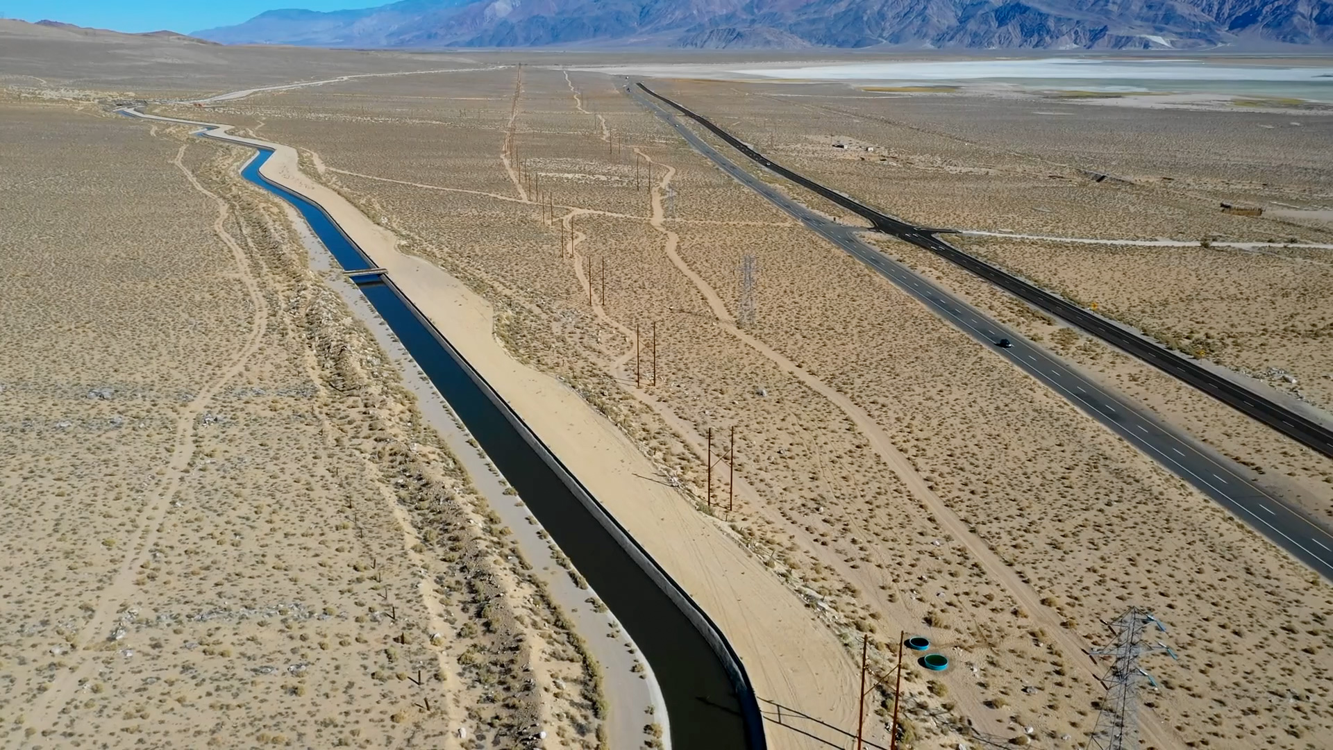 Aerial photo of the Colorado River Aqueduct stretching through the desert