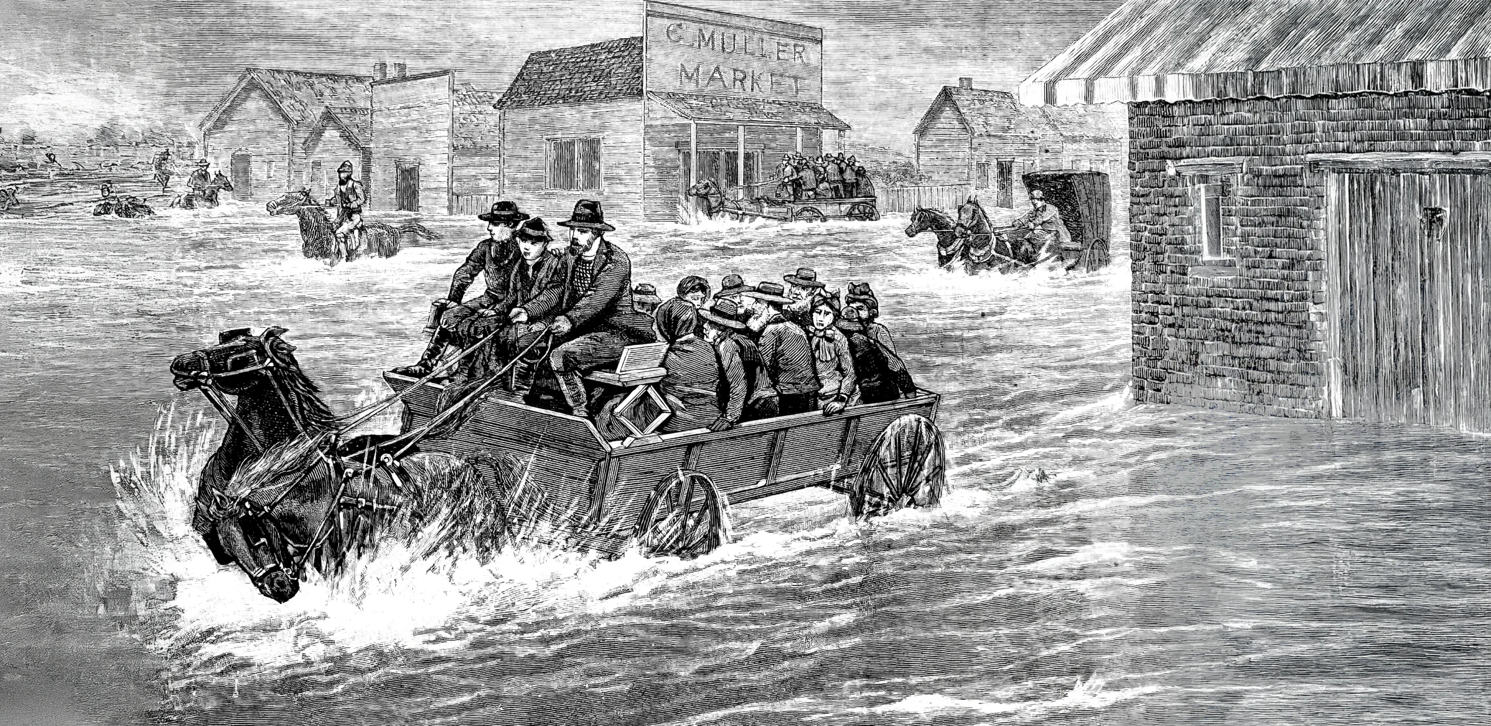 a woodcut illustration of an 1800s flood in Los Angeles