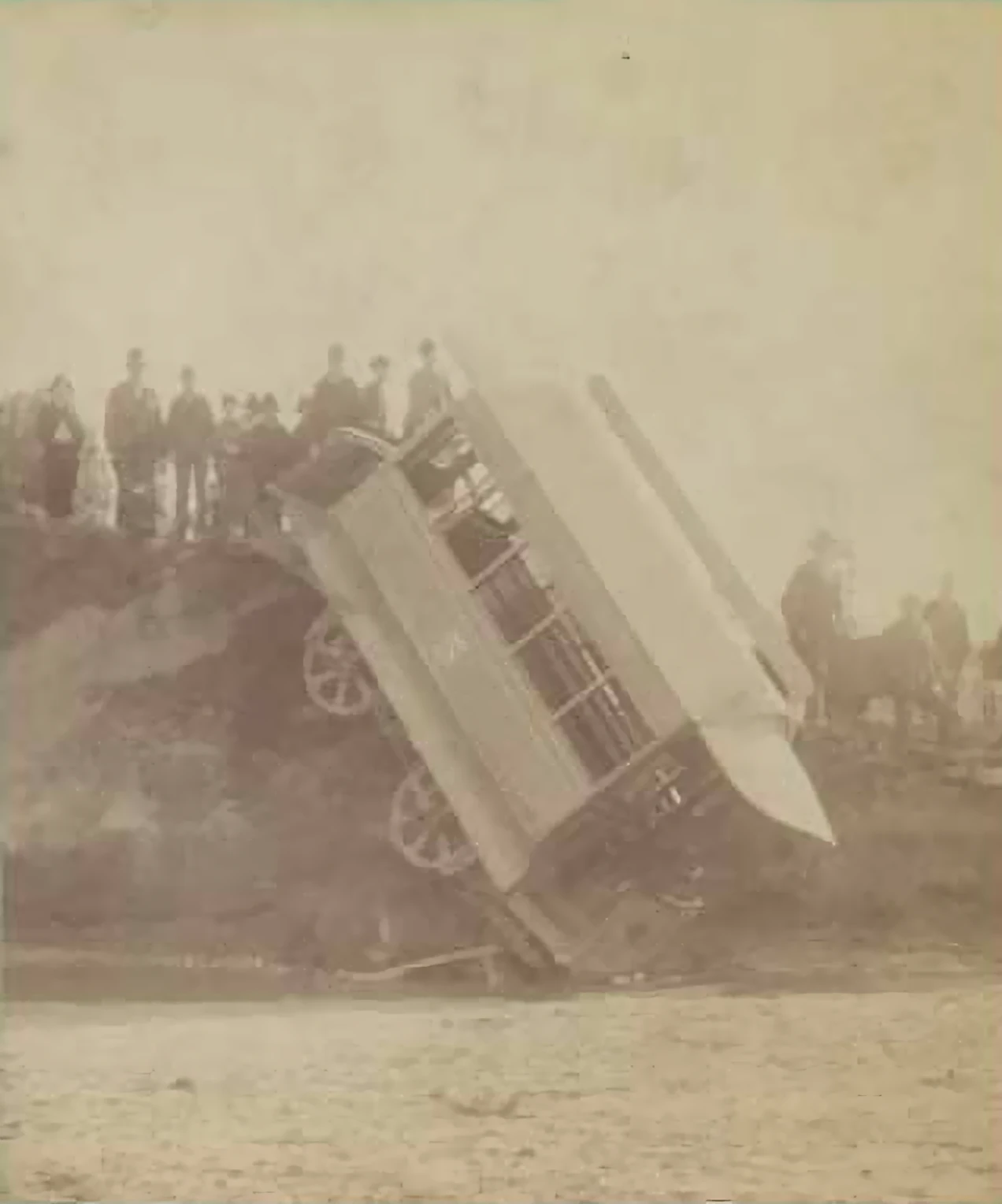photo of a derailed trolley car in 1884